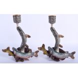 A RARE PAIR OF ANTIQUE FRANCO JAPANESE COLD PAINTED BRONZE CANDLESTICKS modelled with opposing carp