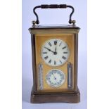 A RARE ANTIQUE FRENCH CARRIAGE CLOCK AND BAROMETER with two seperate thermometer. 18 cm high inc han