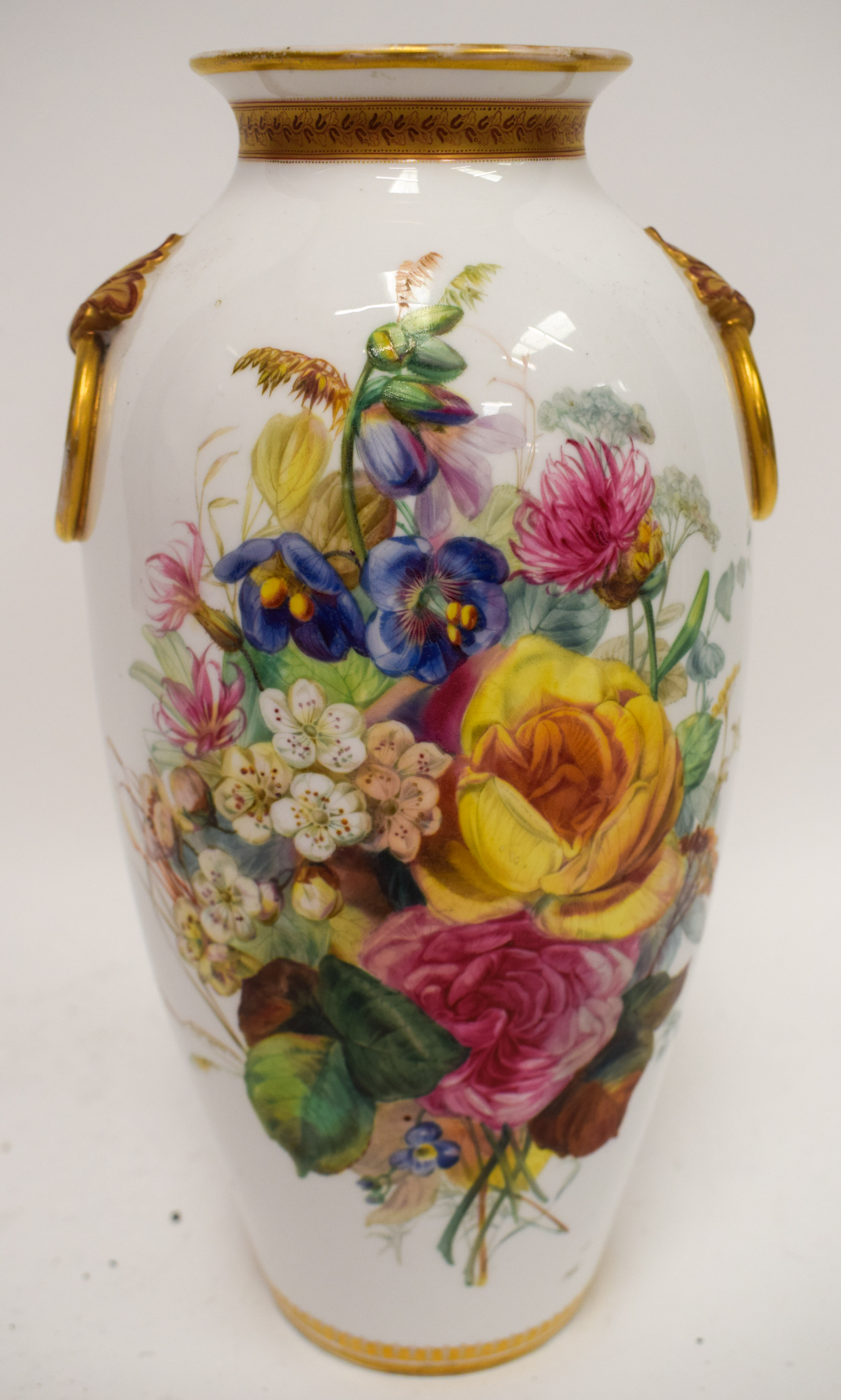 19th c. Royal Worcester/Kerr and Binns beautiful pair of large vases having ring handles finely pain - Image 6 of 15