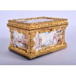 A RARE ANTIQUE SWISS ENAMEL AND GILT METAL LADIES DESK CASKET inset with a miniature clock, painted