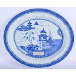 A LARGE 18TH CENTURY CHINESE BLUE AND WHITE PLATTER Qianlong, painted with landscapes. 36 cm x 34 cm