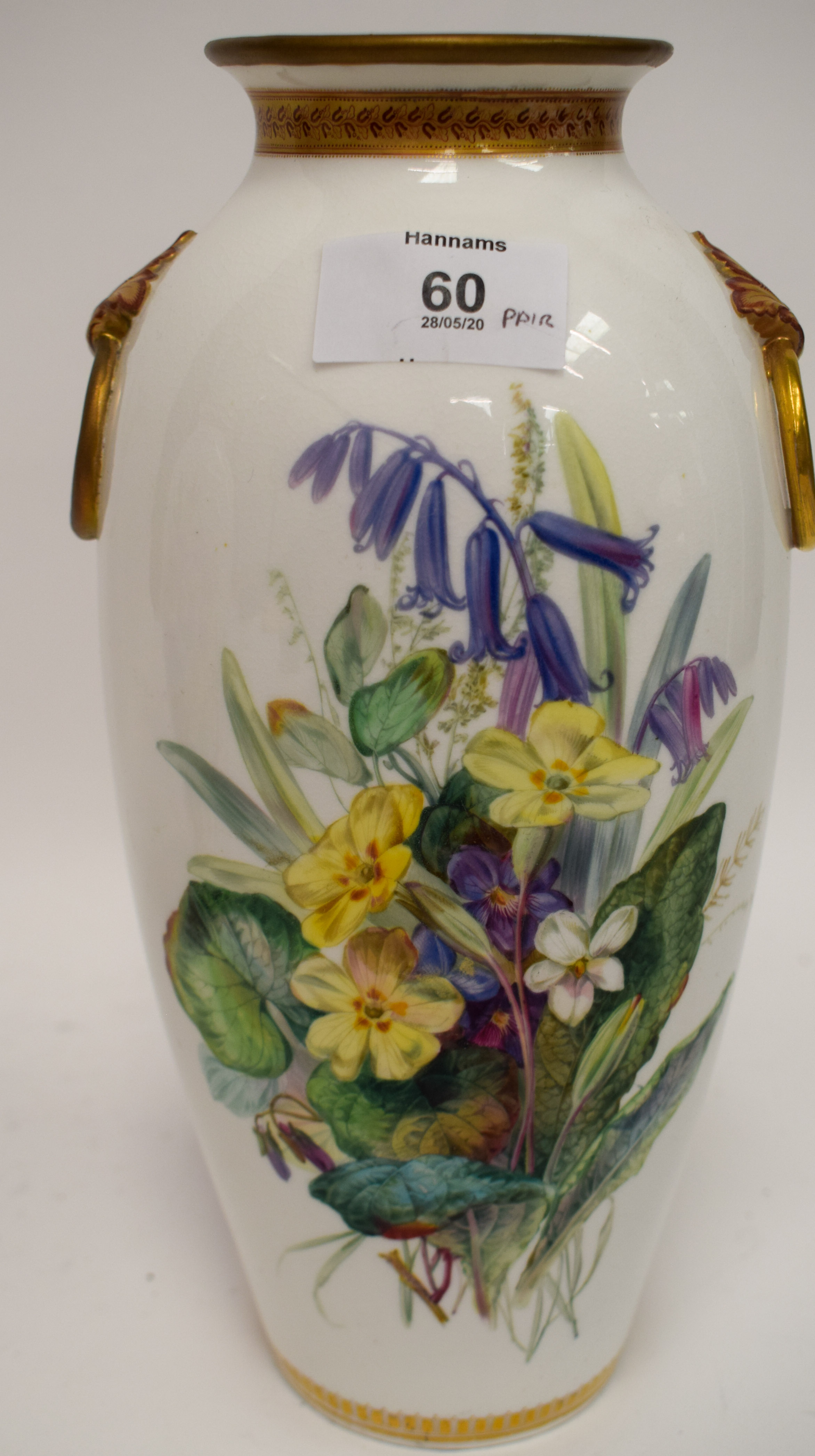 19th c. Royal Worcester/Kerr and Binns beautiful pair of large vases having ring handles finely pain - Image 10 of 15