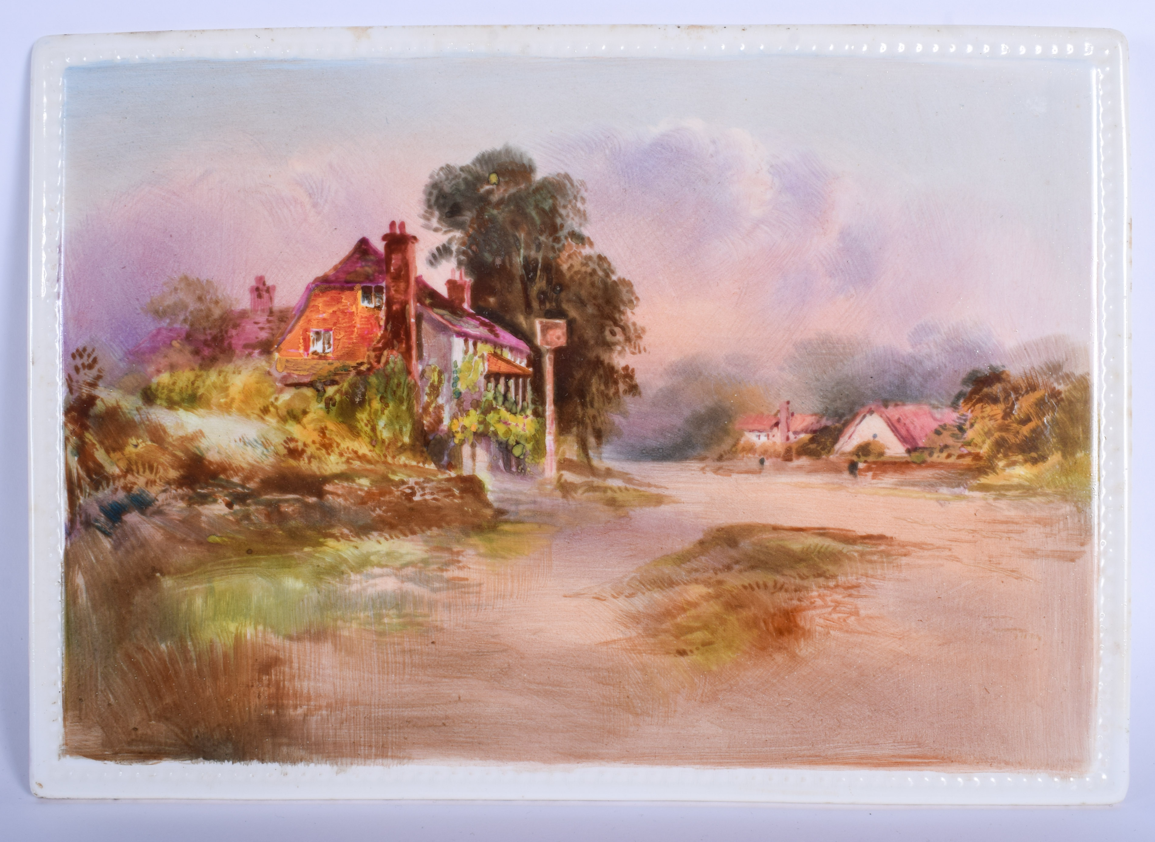 Mid 19th c. English porcelain plaque painted with a coach house in landscape. 23 x 16cm