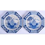 18th c. Bow pair of octagonal plate painted in blue with a large flowers and bamboo trees. 22cm diam