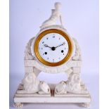 A 19TH CENTURY FRENCH CARVED ALABASTER MANTEL CLOCK formed with recumbent lions. 29 cm x 38 cm.