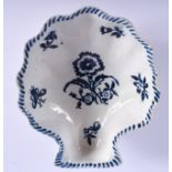 18th c. Liverpool shell shaped dish on three conical feet printed with a gillyflower under a painted