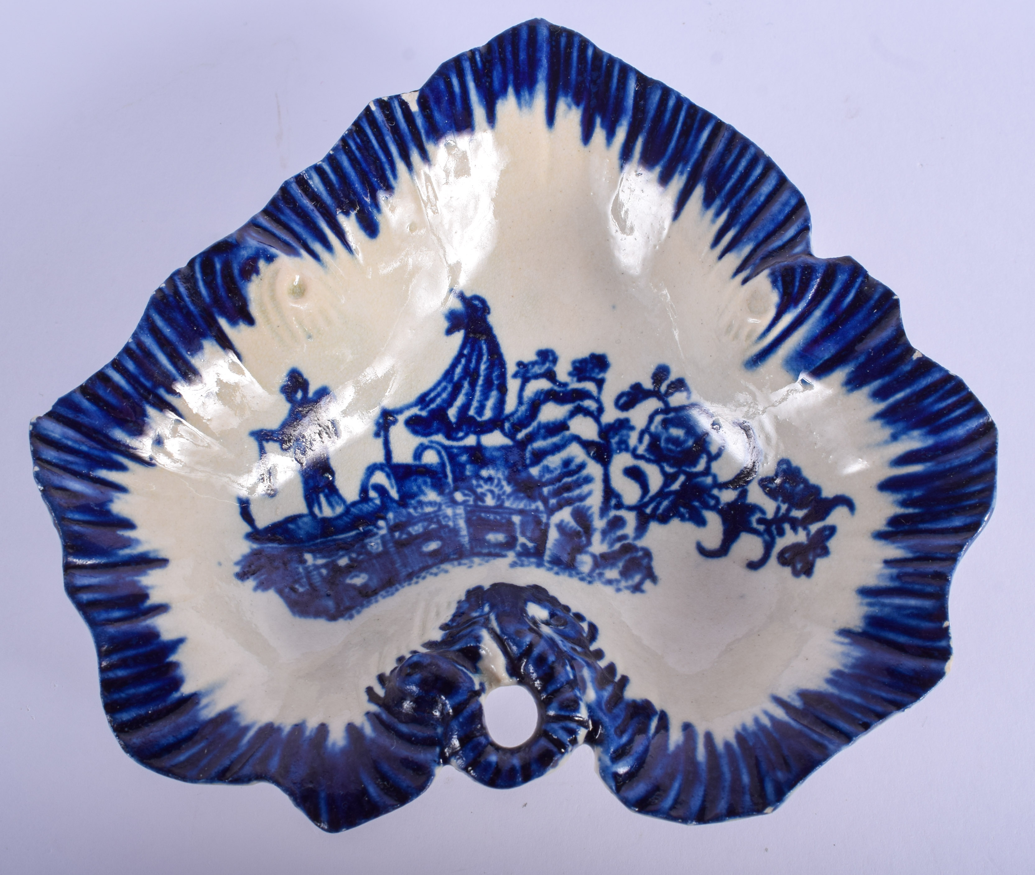 18th c. Liverpool leaf dish printed with the Fisherman pattern under a blue painted border. 13.5cm w
