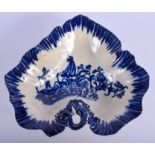 18th c. Liverpool leaf dish printed with the Fisherman pattern under a blue painted border. 13.5cm w