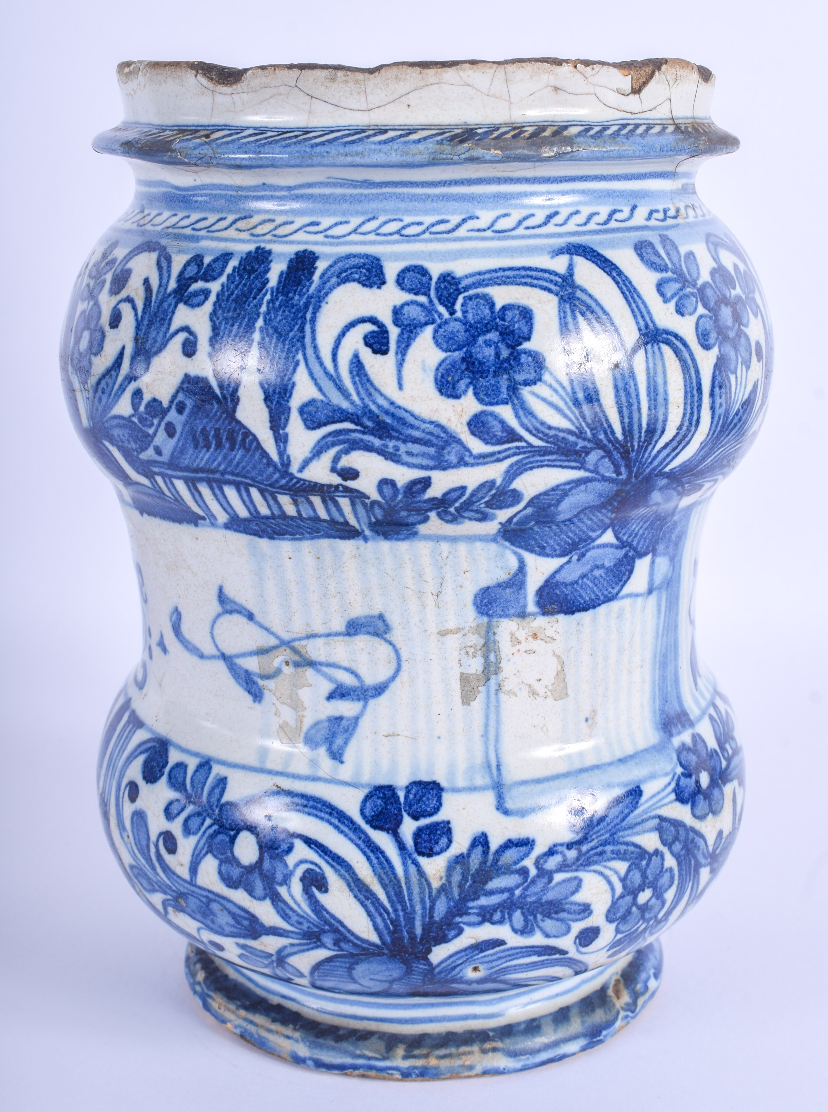 A 17TH/18TH CENTURY SOUTH EUROPEAN MAJOLICA ALBARELLO FAIENCE JAR Italian or Spanish, painted with h - Image 2 of 3