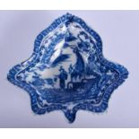 18th c. Caughley leaf shaped dish printed with the Fisherman pattern. 11cm wide