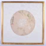 A 19TH CENTURY CHINESE CIRCULAR WATERCOLOUR SILK ROUNDEL depicting a white flower amongst foliage. 1