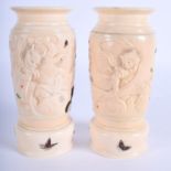 A FINE PAIR OF 19TH CENTURY JAPANESE MEIJI PERIOD CARVED IVORY SHIBAYAMA VASES decorated with insect