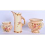 Early 20th c. Royal Worcester ewer painted with flowers and highlighted with gold, a footed blush iv