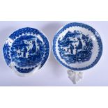 18th c. Caughley egg strainer with leaf shaped handle printed in blue with the Fisherman pattern an