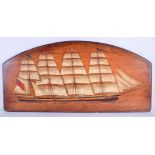 A GOOD LARGE ANTIQUE MARITIME SHIPS DISPLAY BOARD decorated with a boat in full sail. 105 cm x 38 cm