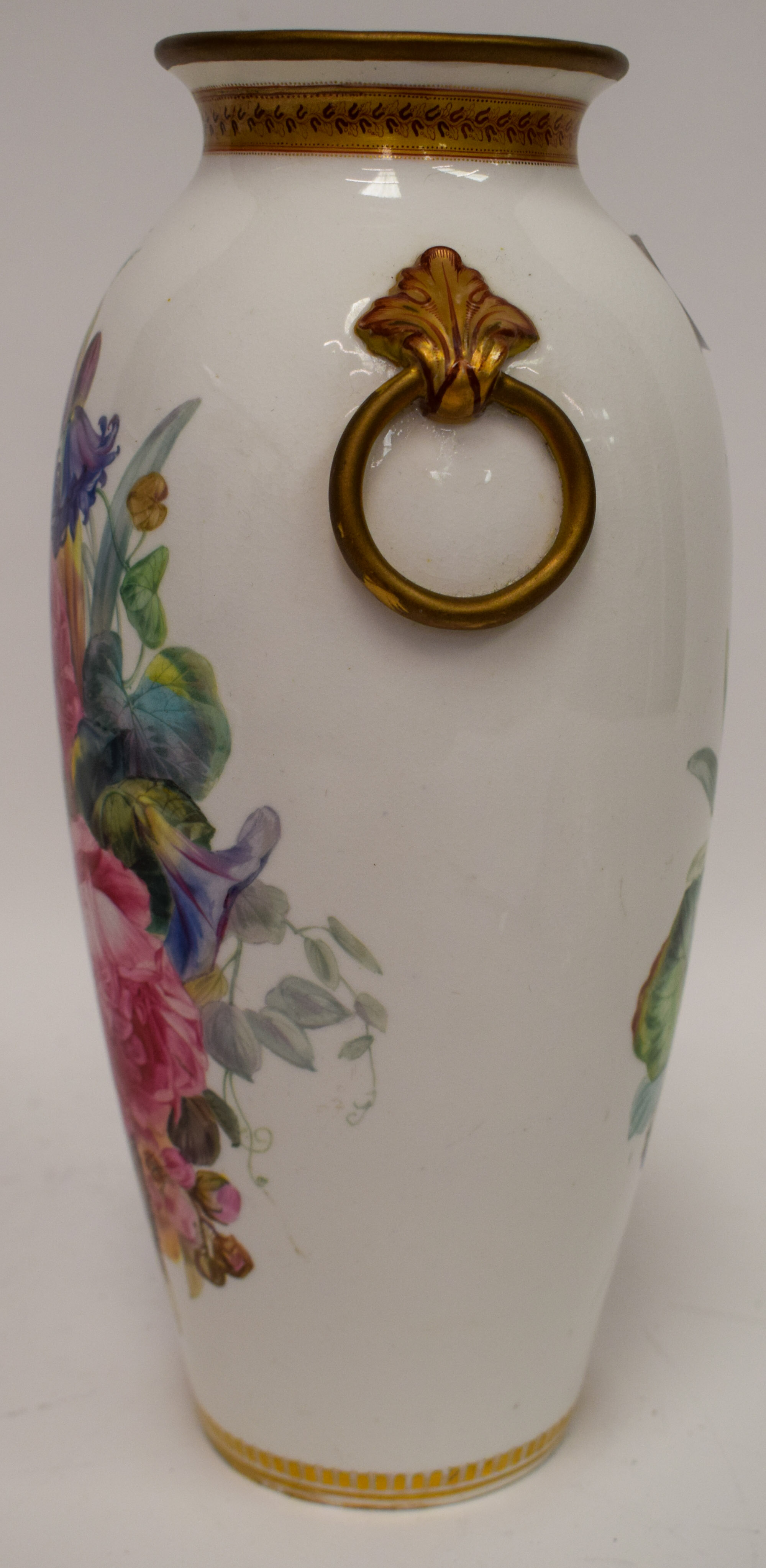 19th c. Royal Worcester/Kerr and Binns beautiful pair of large vases having ring handles finely pain - Image 13 of 15