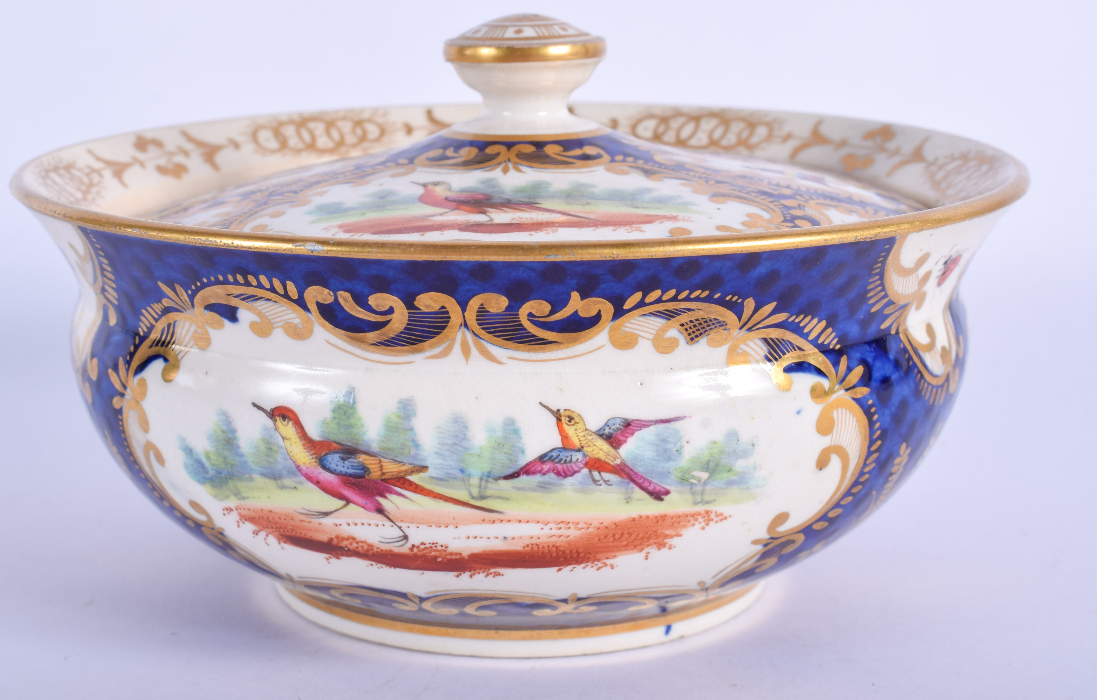 19th c. English porcelain sucrier and cover painted with exotic birds on a blue scale ground probabl - Image 2 of 4