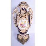 19th c. Coalport rococo revival large blue ground vase painted on each side with flowers in an oval