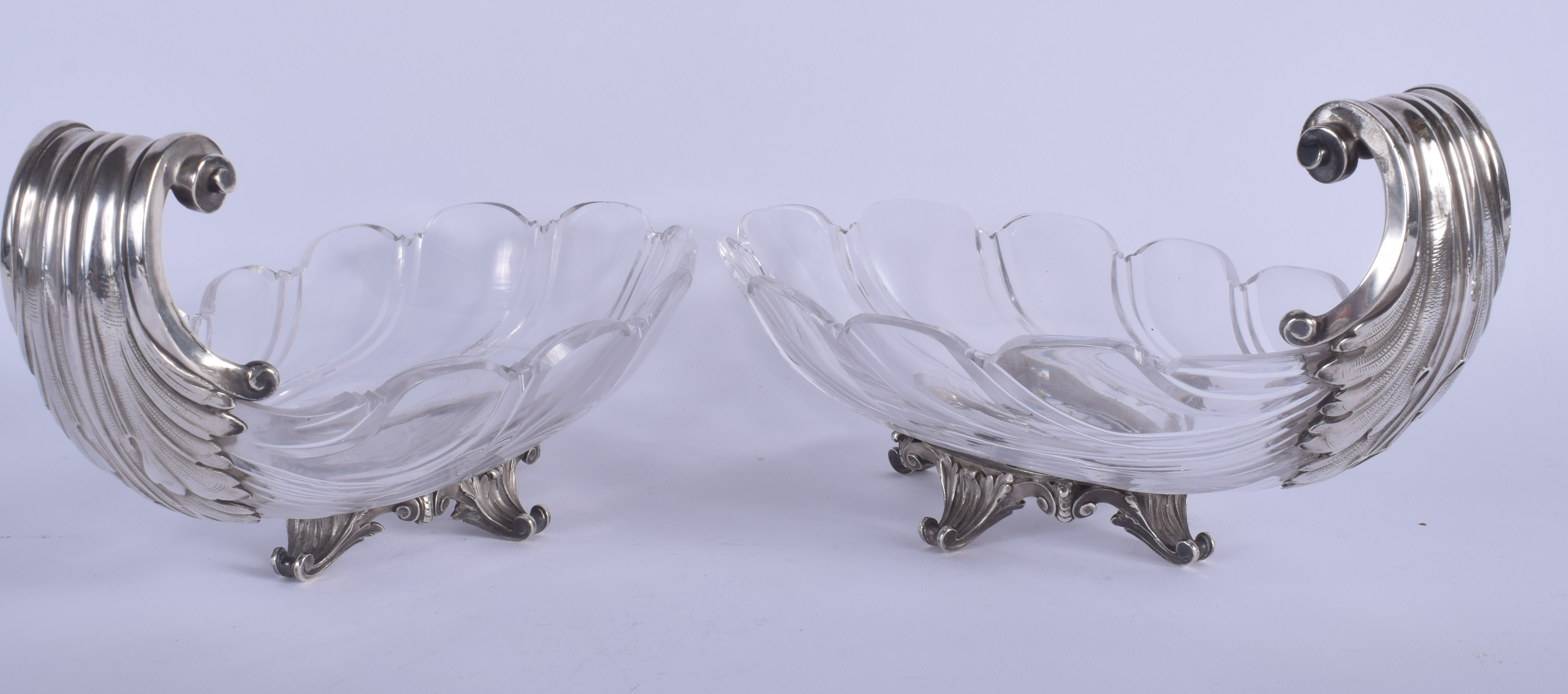 A LOVELY PAIR OF 19TH CENTURY FRENCH SILVER AND CRYSTAL GLASS SWEETMEAT DISHES of scrolling form. 21 - Image 2 of 3