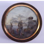 A LATE 18TH/19TH CENTURY CONTINENTAL CIRCULAR SNUFF BOX AND COVER painted with a coastal scene. 7.5