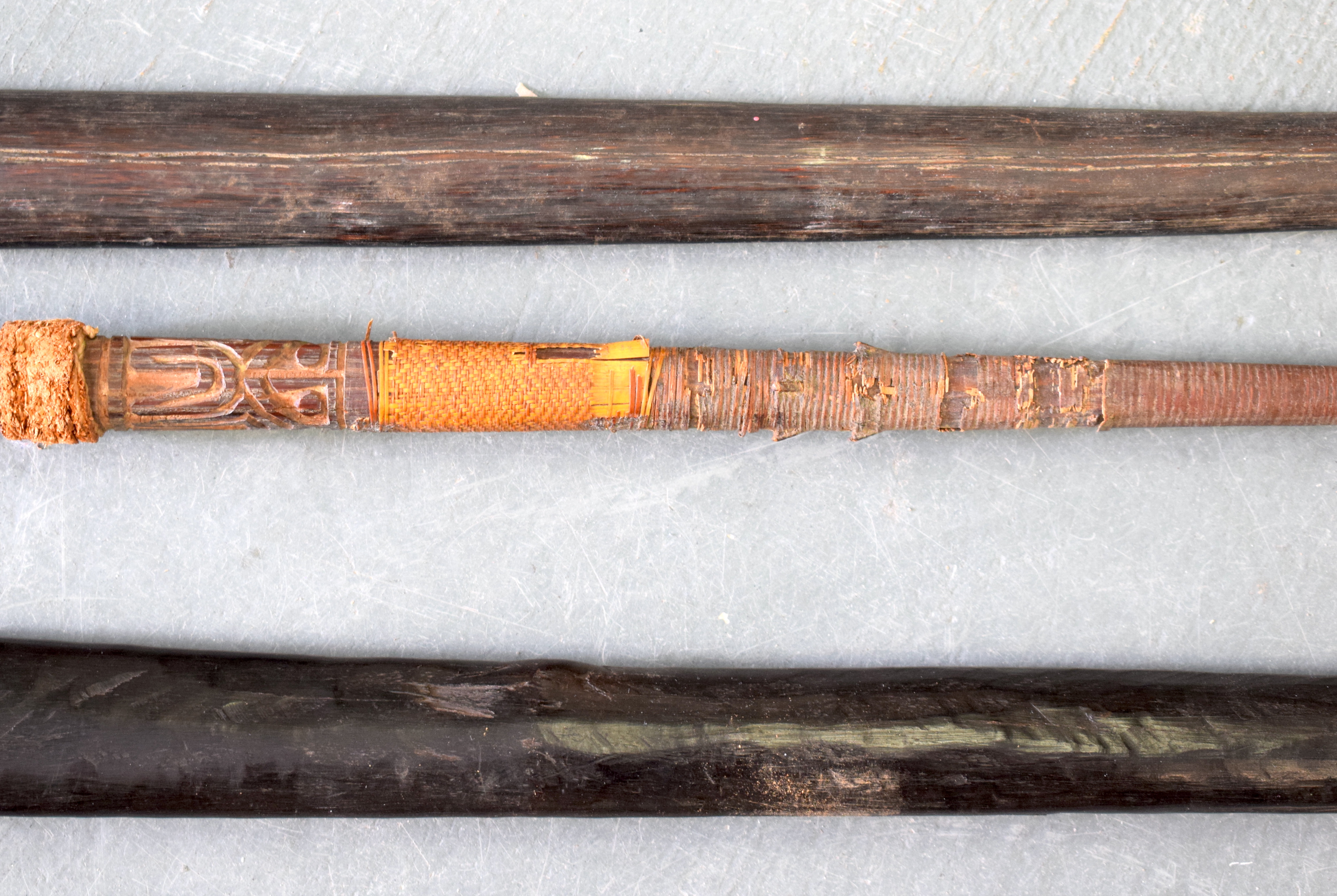 AN EARLY 20TH CENTURY POLYNESIAN TRIBAL SPEAR possibly Papua New Guinea, together with two other tri - Image 3 of 9