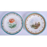 Minton plate painted with a man in a boat in an estuary under a turquoise border impressed for 1872