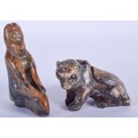 TWO CHINESE CARVED JADE FIGURES probably Late Qing. (2)