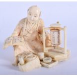 A 19TH CENTURY JAPANESE MEIJI PERIOD CARVED IVORY OKIMONO modelled as a seated male artisan. 7 cm x