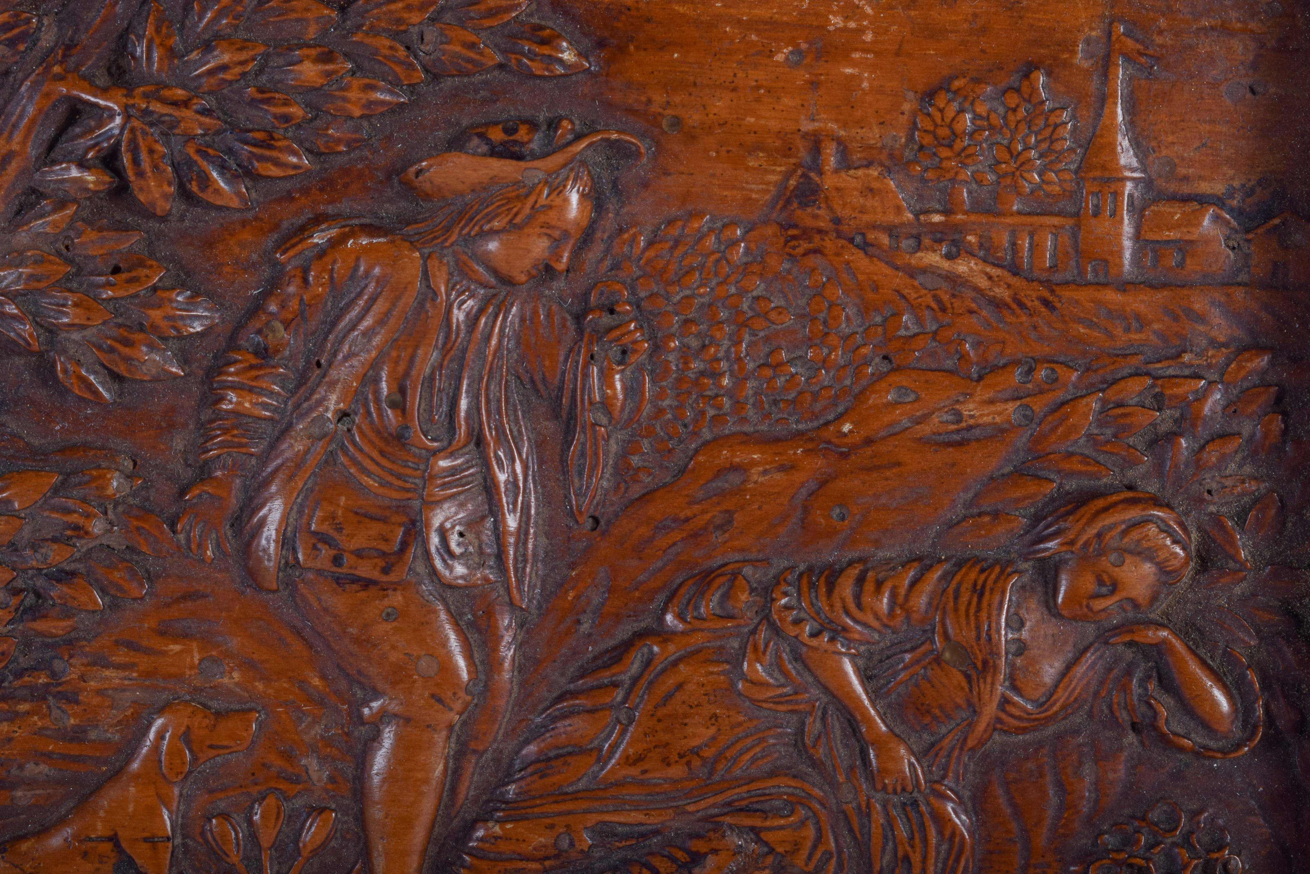 AN 18TH CENTURY CONTINENTAL FRUITWOOD PLAQUE C1750 depicting a romantic country landscape scene. 20 - Image 2 of 3