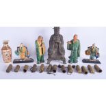 A CHINESE BRONZE DEITY 20th Century, together with pottery figures etc. (qty)