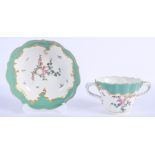 A RARE 18TH CENTURY WORCESTER TWIN HANDLED CHOCOLATE AND SAUCER C1770 painted by the spotted fruit p