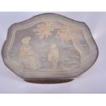 AN EARLY 19TH CENTURY CONTINENTAL SILVER AND MOTHER OF PEARL SNUFF BUX carved with figures within la