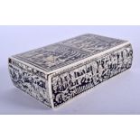 A RARE 19TH CENTURY ANGLO INDIAN CARVED AND PAINTED IVORY COMBINATION BOX decorated with landscapes.