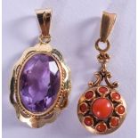 AN ANTIQUE GOLD AND AMETHYST PENDANT together with another gold pendant. 4.6 grams. (2)