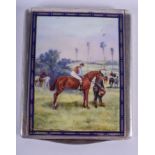A 1920S CONTINENTAL SILVER AND ENAMEL CIGARETTE CASE painted with equestrian scenes. 196 grams. 7.5