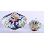 19th c. Coalport tureen cover and stand in boldly painted coloured trees and flowers. Stand 28 x 18.