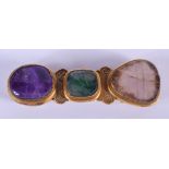 A MID 19TH CENTURY CHINESE BRONZE AMETHYST JADE & ROCK CRYSTAL BUCKLE. 9.5 cm wide.