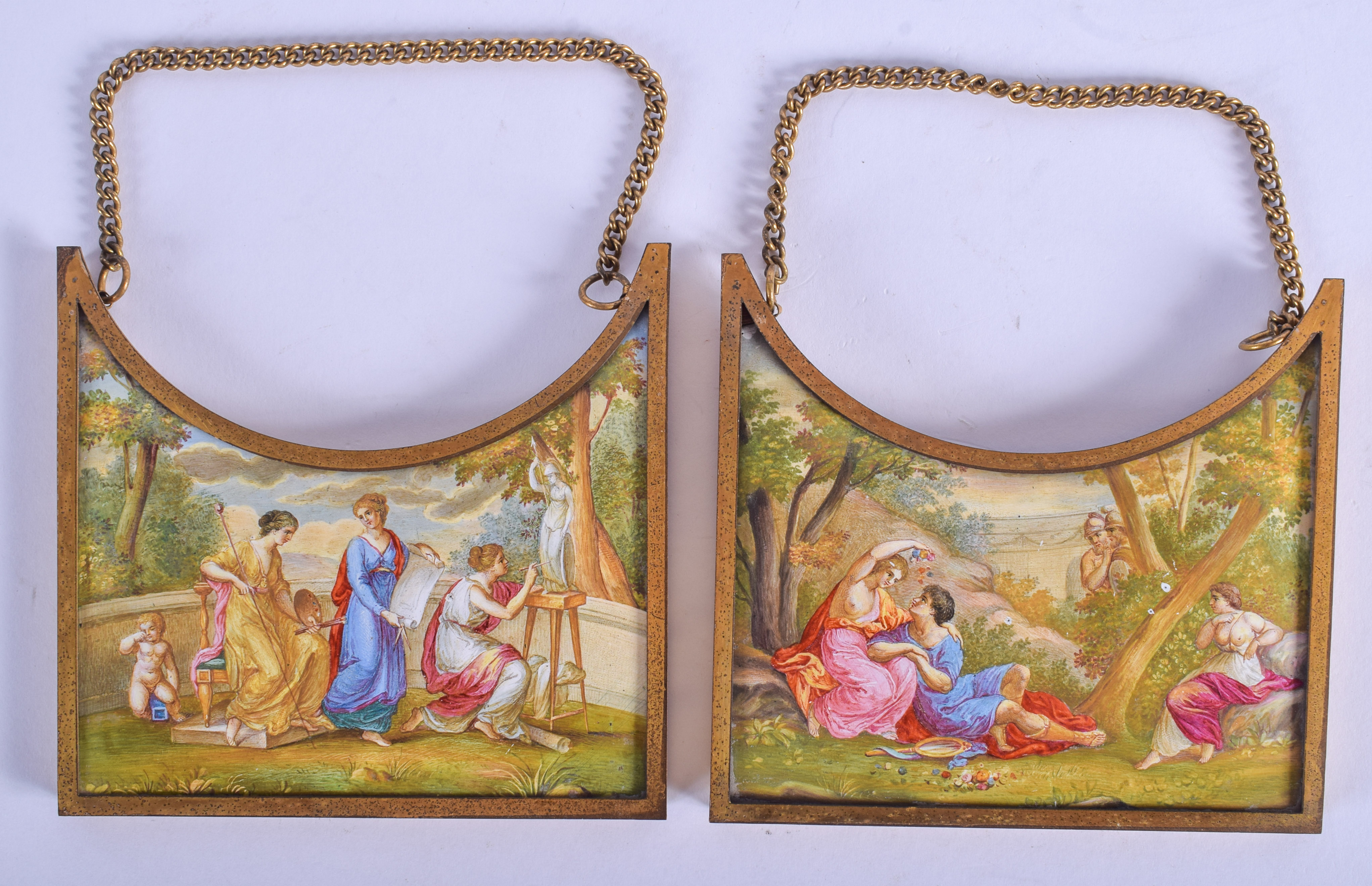 A LARGE PAIR OF EARLY 19TH CENTURY AUSTRIAN VIENNESE ENAMEL PLAQUES painted with classical scenes. 1