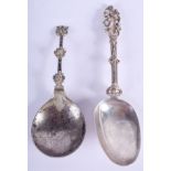 TWO 18TH CENTURY CONTINENTAL SILVER SPOONS. 83 grams. 15 cm & 11 cm long. (2)