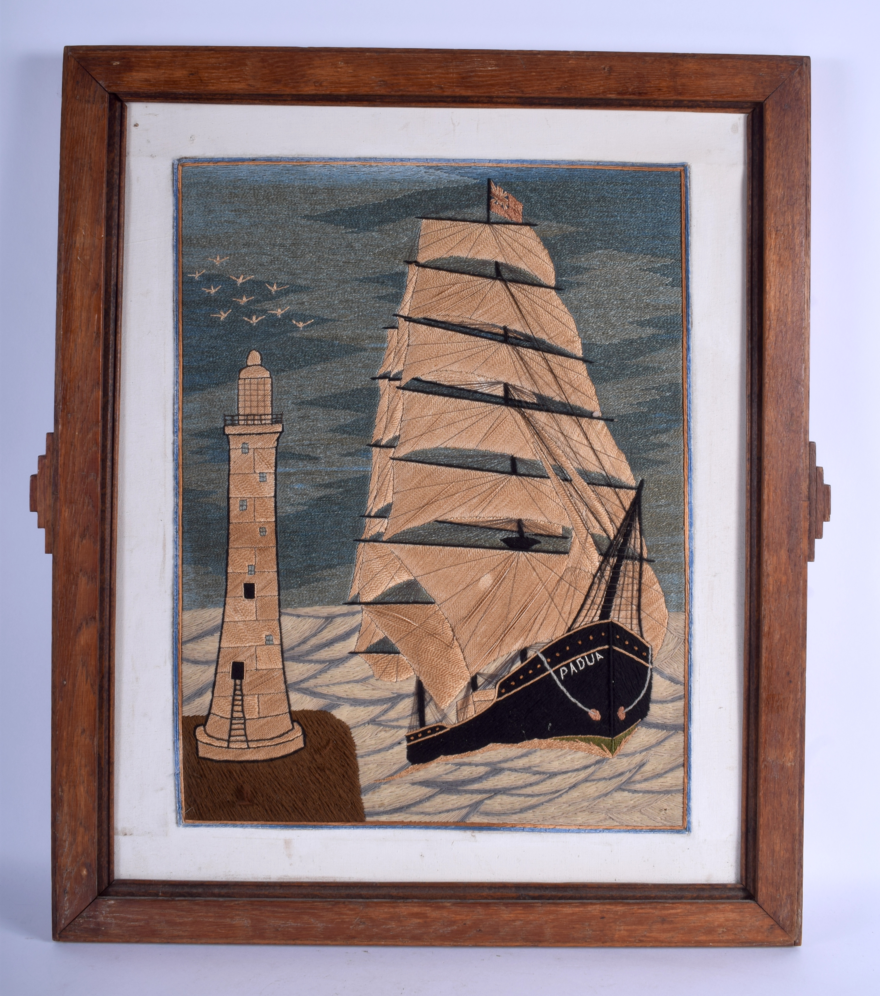 A 1930S CONTINENTAL MARITIME EMBROIDERED SAILING PANEL within a period frame. 46 cm x 32 cm.