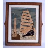 A 1930S CONTINENTAL MARITIME EMBROIDERED SAILING PANEL within a period frame. 46 cm x 32 cm.