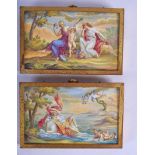 A SMALL PAIR OF EARLY 19TH CENTURY AUSTRIAN VIENNESE ENAMEL PLAQUES painted with classical scenes. 1