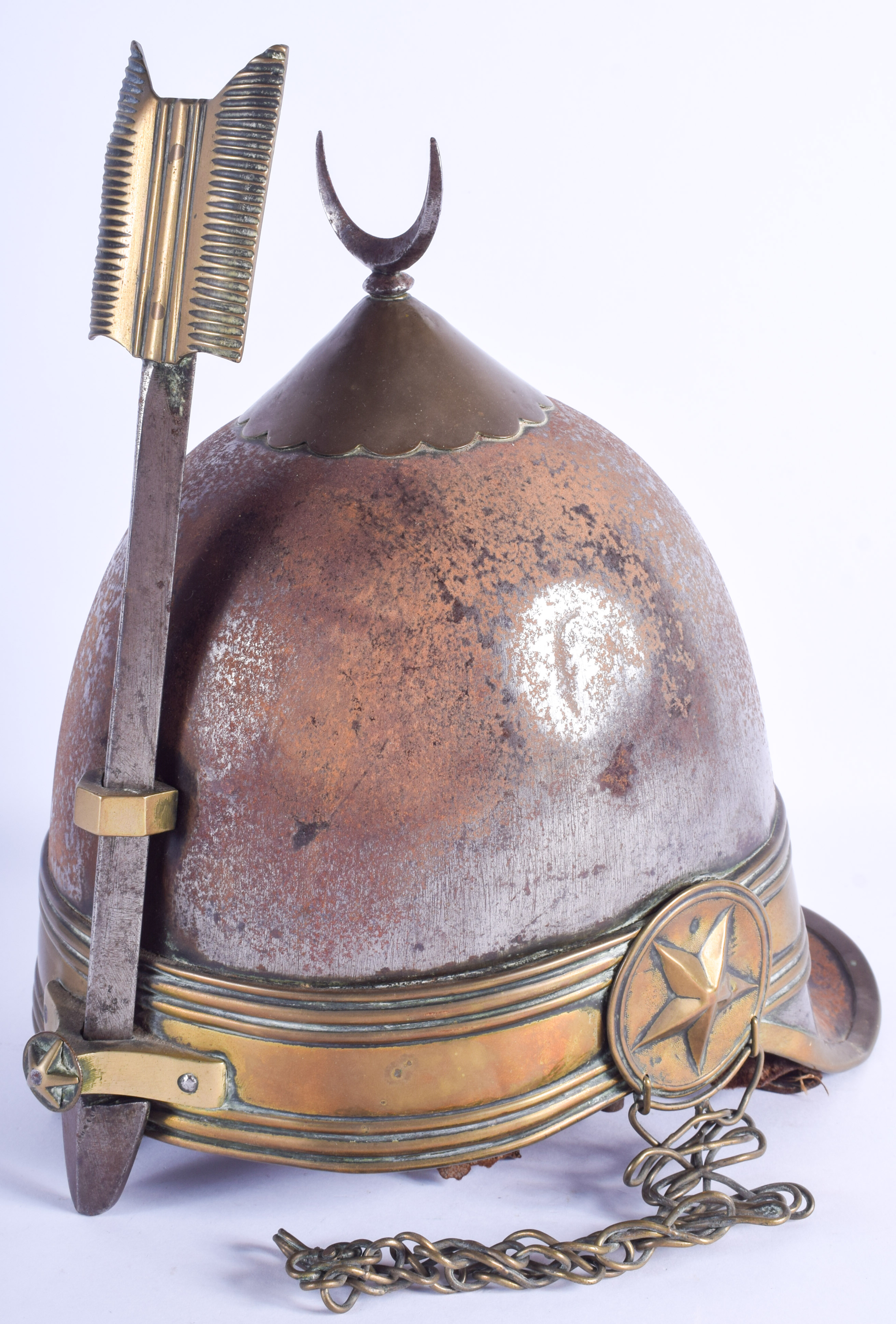 A 19TH CENTURY MIDDLE EASTERN TURKISH OTTOMAN MILITARY HELMET probably bought back from the Crimean