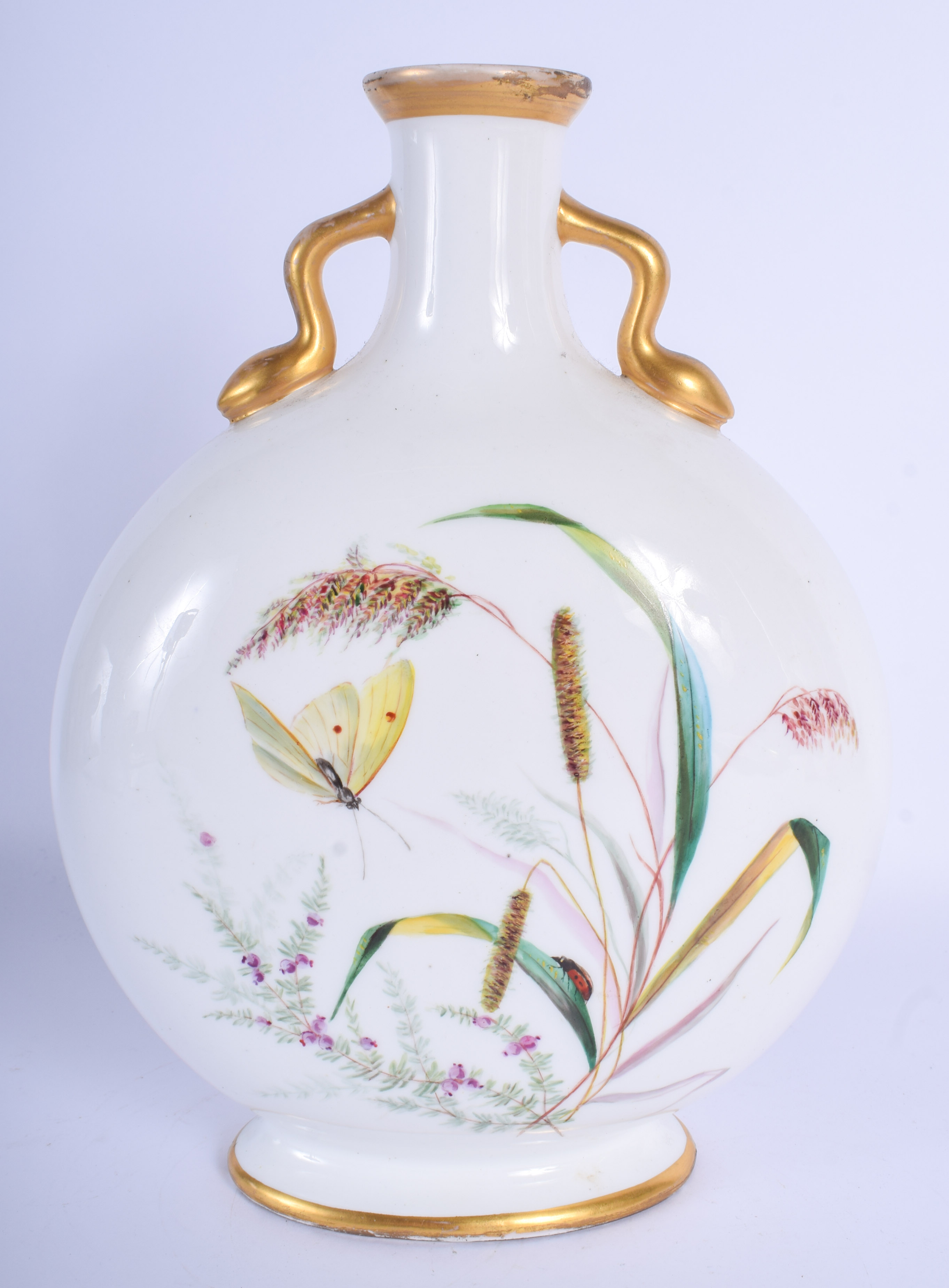 19th c. Minton moon flask painted with morning glory and flying insects the reverse with cattails an - Image 2 of 3