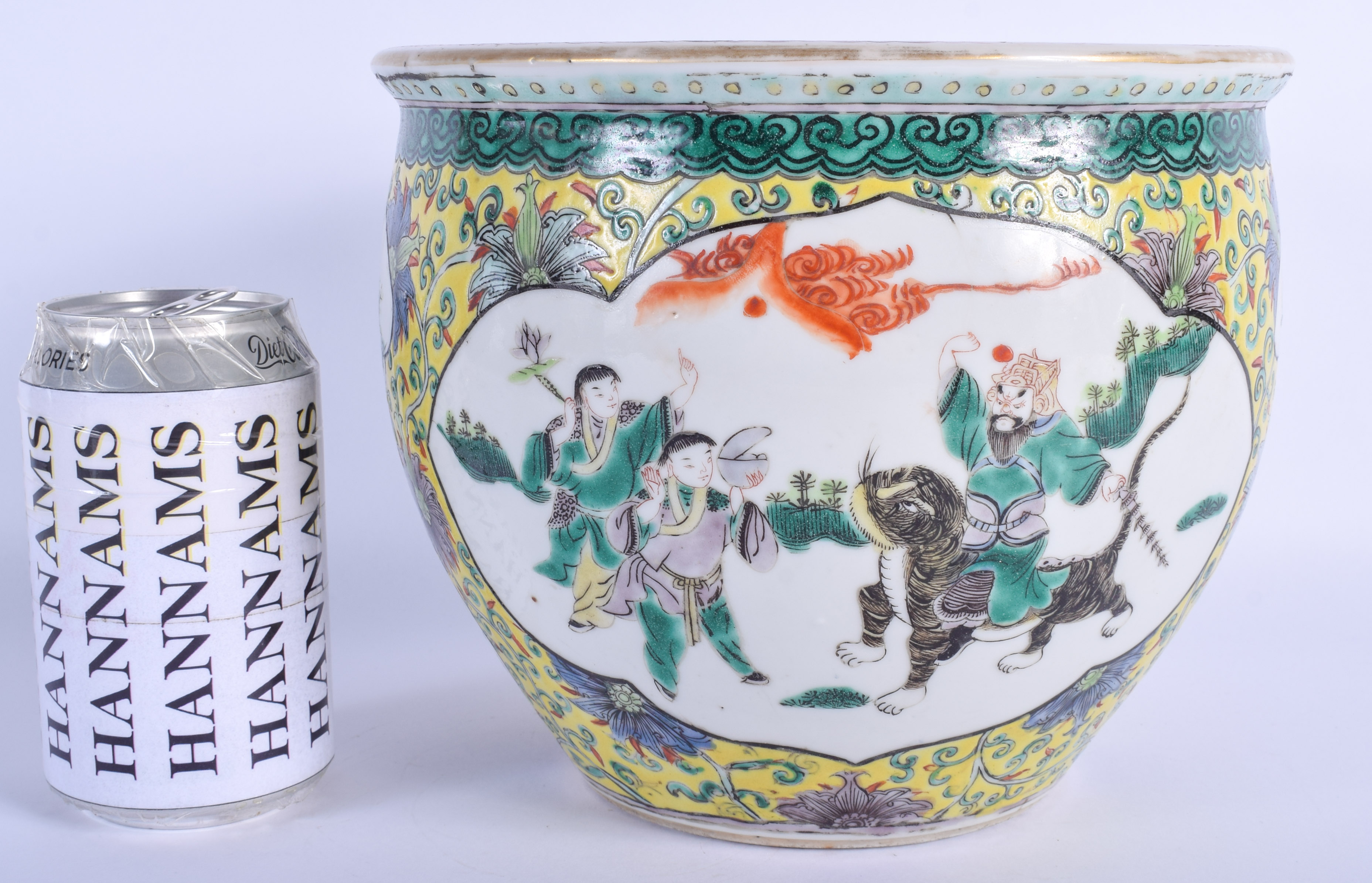A 19TH CENTURY CHINESE PORCELAIN FAMILLE JAUNE CIRCULAR FISH BOWL of unusual proportions, painted wi