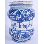 A 17TH/18TH CENTURY SOUTH EUROPEAN MAJOLICA ALBARELLO FAIENCE JAR Italian or Spanish, painted with h