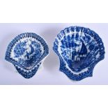 18th c. Caughley large shell dish printed with the Fisherman pattern in blue and another smaller. La