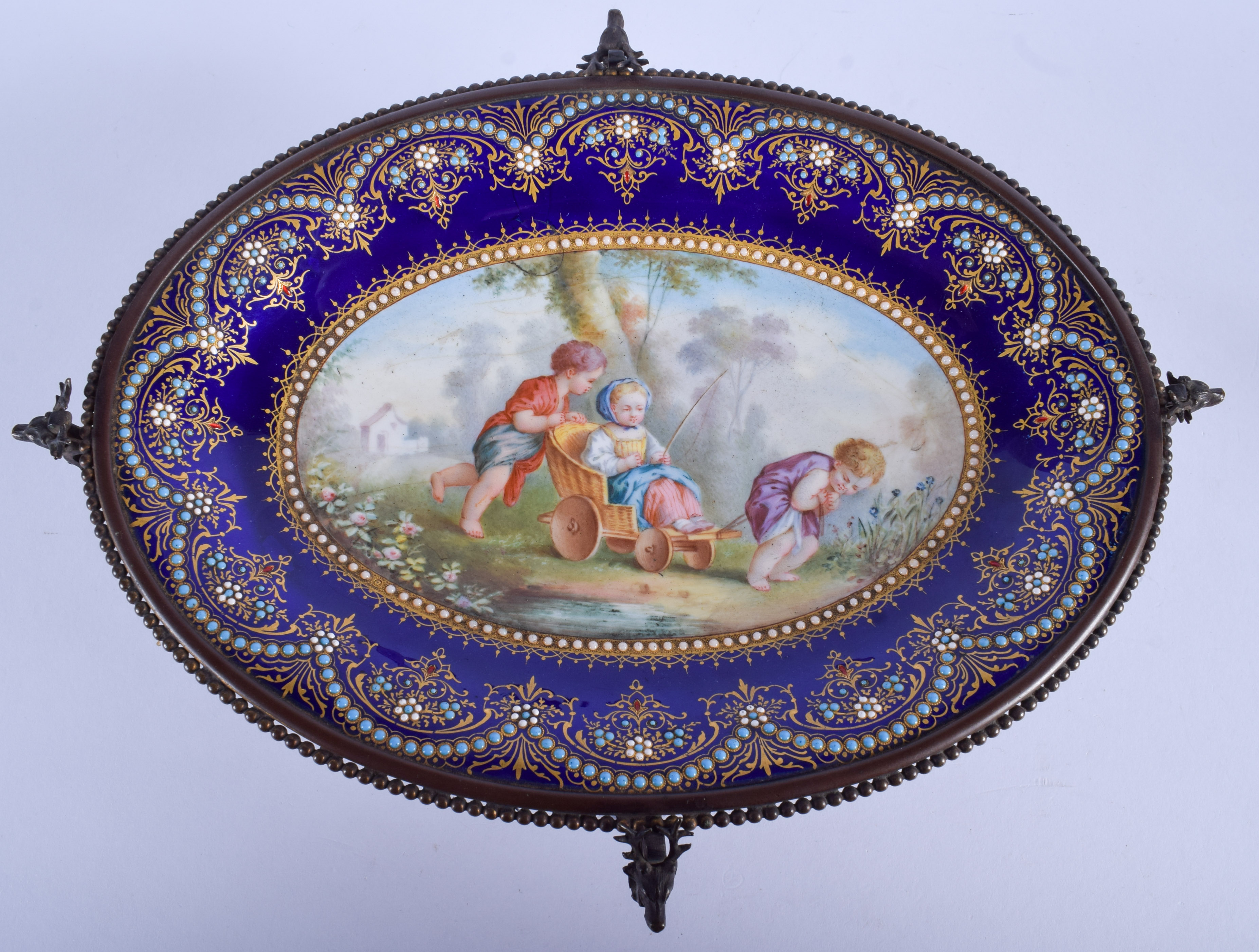 A 19TH CENTURY JAPANESE MEIJI PERIOD GILT METAL AND ENAMEL JEWELLED TAZZA painted with children with