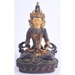 AN EARLY 20TH CENTURY CHINESE TIBETAN GILT BRONZE FIGURE OF AMITAYUS modelled upon a triangular base