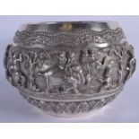 A FINE AND LARGE 19TH CENTURY INDIAN EMBOSSED KUTCH SILVER BOWL decorated with hunting scenes, under